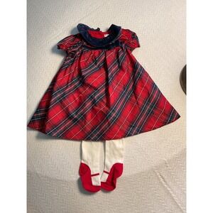 Max Studio Kids Baby Girls Red Plaid Velvet Collar Dress and Tights Set 3 6M
